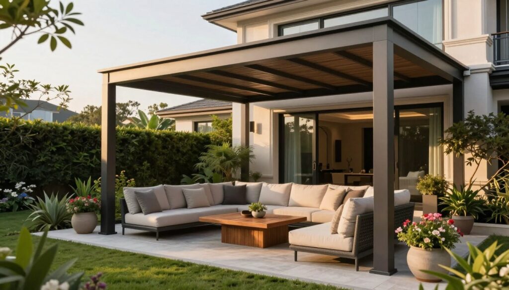 Modern garden shade designs, showcasing elegant outdoor seating areas in a luxurious villa setting. In the foreground, a beautifully crafted, custom shade structure with contemporary lines provides ample coverage over a stylish furniture arrangement featuring plush cushions and a wooden table. The middle ground displays lush greenery, with ornamental plants and flowers in carefully arranged pots, creating a serene ambiance. The background reveals a stunning villa with a sleek exterior and large windows, reflecting natural light. The lighting is warm and inviting, capturing the golden glow of a late afternoon sun, emphasizing a tranquil and sophisticated atmosphere. The angle is slightly elevated, offering a broad perspective of this upscale outdoor space.