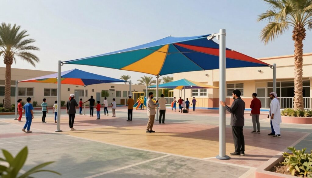Modern school canopy designs in a vibrant Saudi Arabian setting, showcasing a team of professionals skillfully installing custom car shades and outdoor canopies. In the foreground, focus on a sleek and colorful school canopy featuring unique geometric shapes, providing shade for students. The middle ground depicts the installation process with workers in smart, modest attire, diligently erecting the canopy structure. The background showcases a sunny school environment with students engaging in outdoor activities, surrounded by palm trees and clear blue skies. Soft, warm lighting creates an inviting atmosphere, enhancing the vibrant colors of the canopies. Capture this scene from a slightly elevated angle to highlight both the canopies and the joyful ambiance of the school playground.