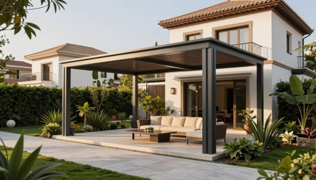 Modern shade structures designed for villas in the Granada neighborhood, showcasing innovative designs that cater to diverse tastes. The foreground features an elegant custom shade structure with a sleek, contemporary aesthetic, made of high-quality materials. In the middle ground, a beautifully landscaped garden complements the shade structure, filled with lush greenery and ornamental plants. The background presents a serene view of a stylish Saudi villa, emphasizing harmony with the modern design. Soft, natural lighting enhances the overall atmosphere, casting gentle shadows and creating a warm ambiance. The perspective is slightly elevated, capturing the beauty of the installation from a wide angle. The mood is inviting and sophisticated, perfect for illustrating modern architectural elegance.