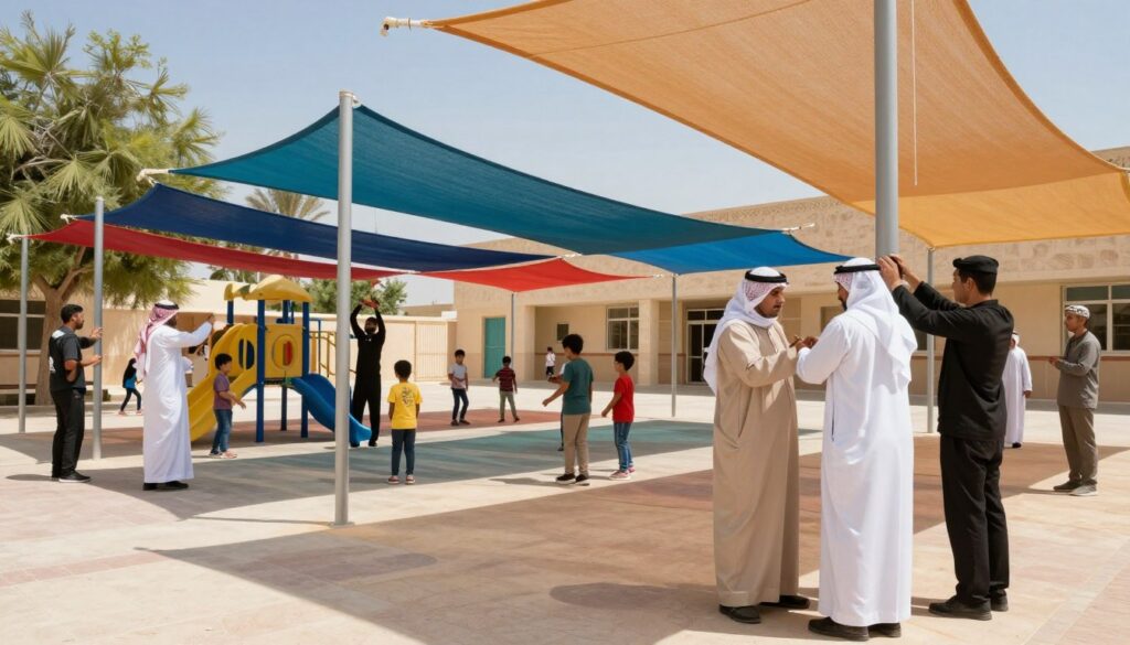 Vibrant scene showcasing a professional team installing fabric canopies at a school in Al-Ahsa, Saudi Arabia. In the foreground, multiple workers in smart, modest uniforms carefully secure colorful, durable fabric shades over the playground area to provide safe, shaded spaces for students. The middle ground features children playing and engaging in various activities beneath the newly installed canopies, smiling and safe from the sun. In the background, leafy trees and the school building can be seen, under a clear blue sky, conveying a lively, inviting atmosphere. The sunlight casts soft shadows, enhancing the warmth of the scene, shot with a wide-angle lens to capture the dynamic environment from a slightly elevated angle, emphasizing the importance of safety and comfort in educational spaces.