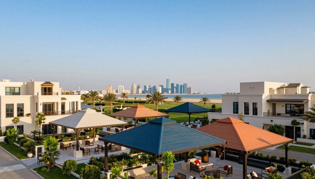 Vibrant scene showcasing custom pyramid-shaped shade structures in the Eastern Province, specifically designed for upscale villas. In the foreground, several elegantly crafted, colorful pyramid shades provide a striking contrast to the sleek architectural lines of luxurious homes. The middle ground features landscaped gardens and outdoor seating areas that invite relaxation, while the background captures the coastal skyline of Dammam's corniche under a clear blue sky. Soft, warm sunlight casts gentle shadows, enhancing the textures of the shade structures and surrounding foliage. The overall atmosphere conveys modern elegance and a serene lifestyle, suitable for an upscale neighborhood. The image should be captured from a low angle, showcasing depth and perspective. Vibrant scene showcasing custom pyramid-shaped shade structures in the Eastern Province, specifically designed for upscale villas. In the foreground, several elegantly crafted, colorful pyramid shades provide a striking contrast to the sleek architectural lines of luxurious homes. The middle ground features landscaped gardens and outdoor seating areas that invite relaxation, while the background captures the coastal skyline of Dammam's corniche under a clear blue sky. Soft, warm sunlight casts gentle shadows, enhancing the textures of the shade structures and surrounding foliage. The overall atmosphere conveys modern elegance and a serene lifestyle, suitable for an upscale neighborhood. The image should be captured from a low angle, showcasing depth and perspective.