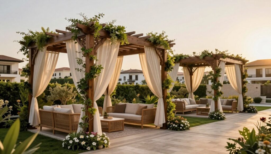 Vividly depict a luxurious outdoor garden space featuring custom shade structures designed for upscale villas in the Al Rayyan and Al Nakheel regions. In the foreground, showcase elegantly designed pergolas with intricate woodwork, adorned with lush climbing plants and soft drapery that billows gently in the breeze. In the middle ground, include tastefully arranged outdoor seating areas with plush furniture, surrounded by tasteful landscaping—flowers and greenery harmoniously integrated. The background should feature a serene view of the upscale neighborhood, with modern villas splashed in warm daylight. Use golden hour lighting to create a soft, inviting atmosphere, captured from a slightly elevated angle to encapsulate the beauty and tranquility of the space, emphasizing luxury and comfort.