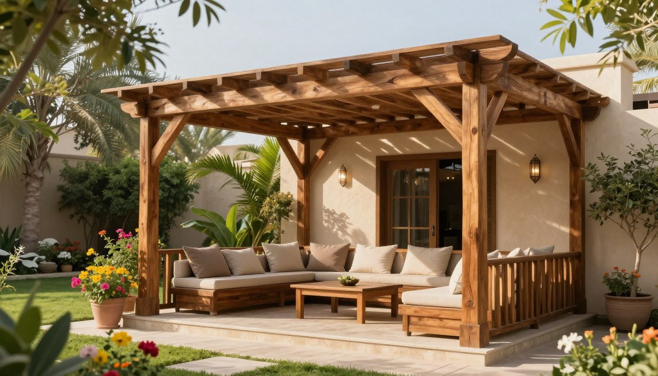 برجولات خشبية طبيعية في حي الريان: إضافة دفء وجمال طبيعي لفسحة منزلك